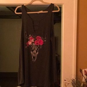 Eighty Eight Charcoal Tank Top with Floral Steer Skull Graphic